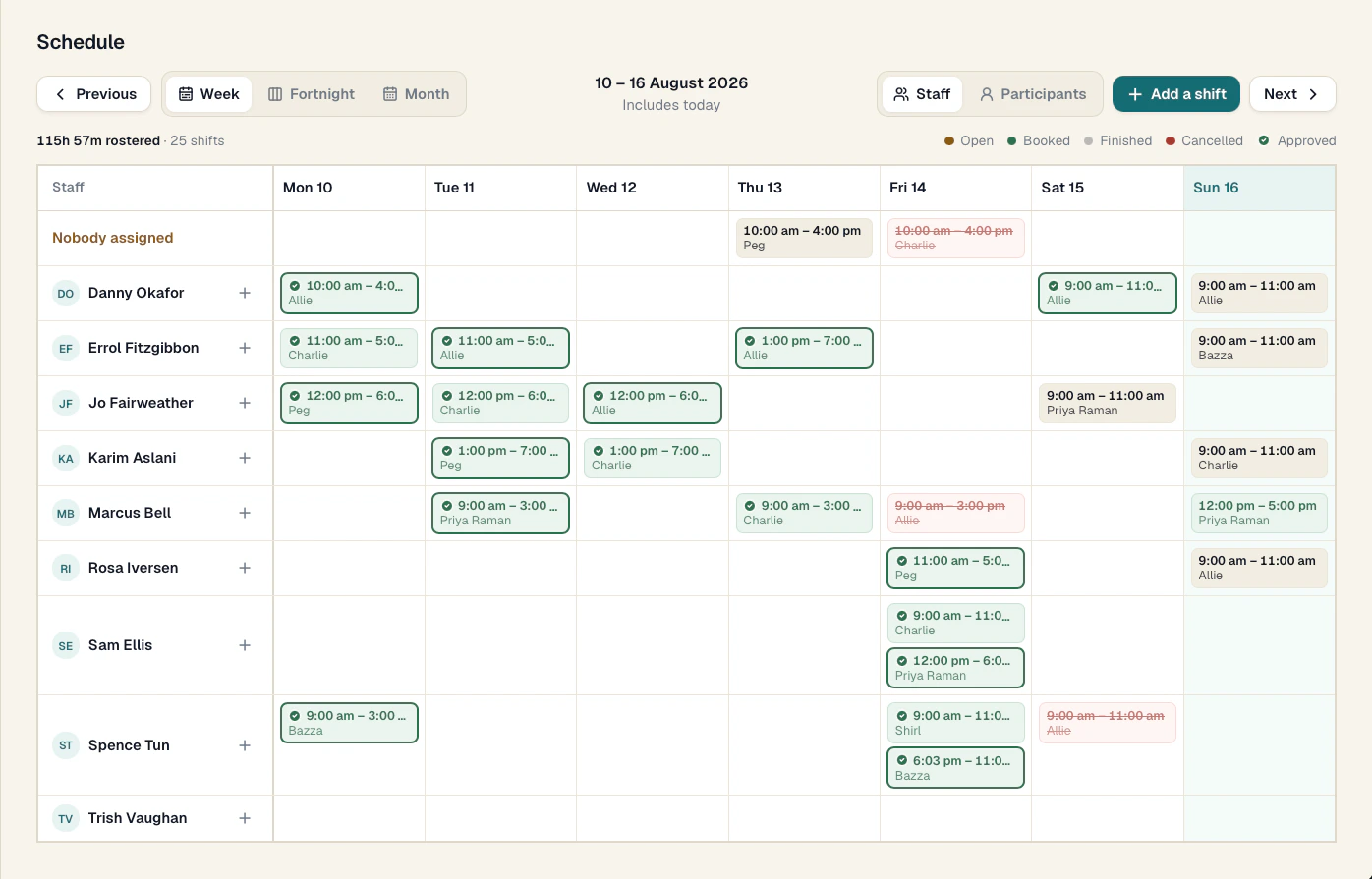 Real Provider demo roster, showing booked shifts by worker and day
